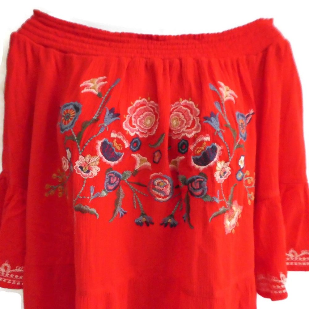 Xhilaration Red Smock Top Floral Embroidery Bell Sleeve Peplum Crinkle Gauzy L